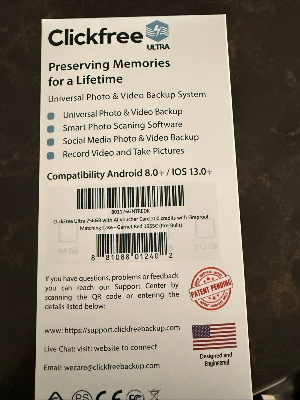 CLICK FREE ultra 256 GB photo and video storage -garnet red with matching case